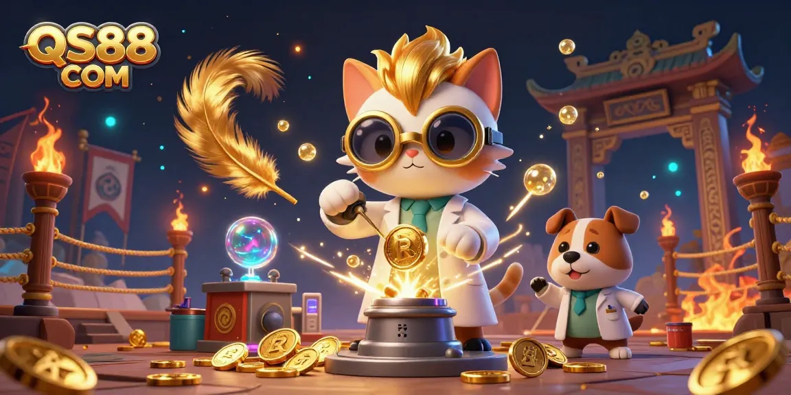Unleash winning strategies at QS88 COM with a playful mad scientist cat and assistant amidst a vibrant casino scene.