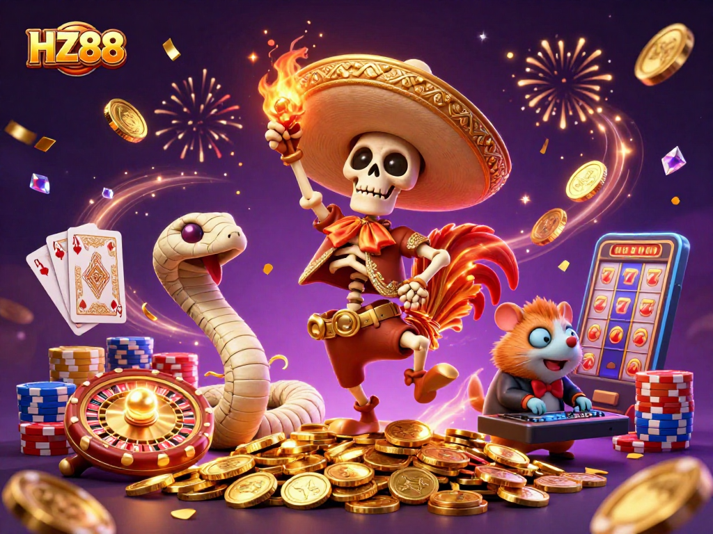 Experience thrilling wins at HZ88 with vibrant characters celebrating over golden coins in a lively casino scene.