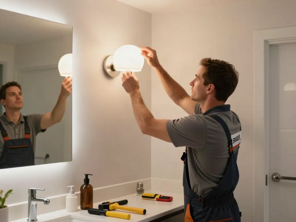 Aplica LED baie instalată de un profesionist în renovări, lumină modernă și ambientală.