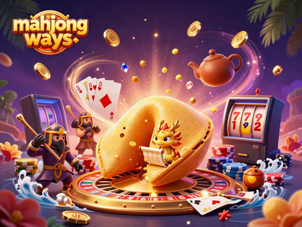 Experience winnings with mahjong ways in a vibrant casino-themed 3D illustration showcasing fortune cookies and treasures.