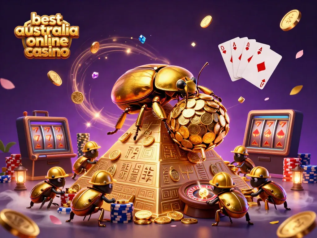 Experience the best Australia online casino with vibrant casino-themed 3D golden beetle illustration.