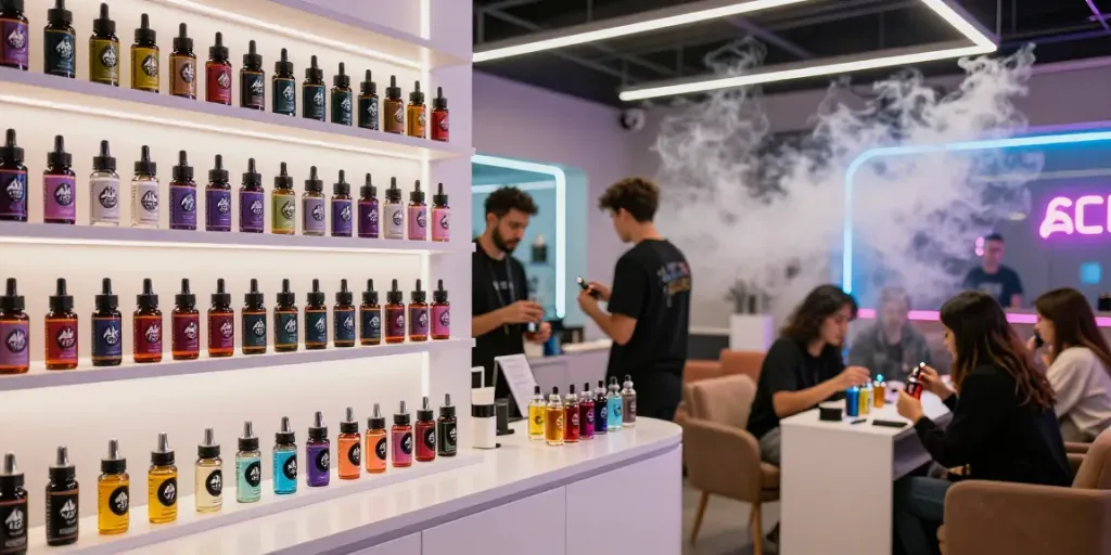 Showcasing Alt Zero E-Liquid 100mls in a vibrant vape shop with customers sampling flavors.