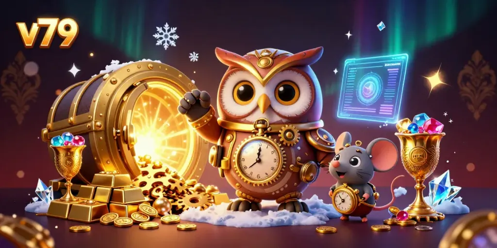 Engage in thrilling gaming experiences at V79 featuring an adventurous owl and treasure.
