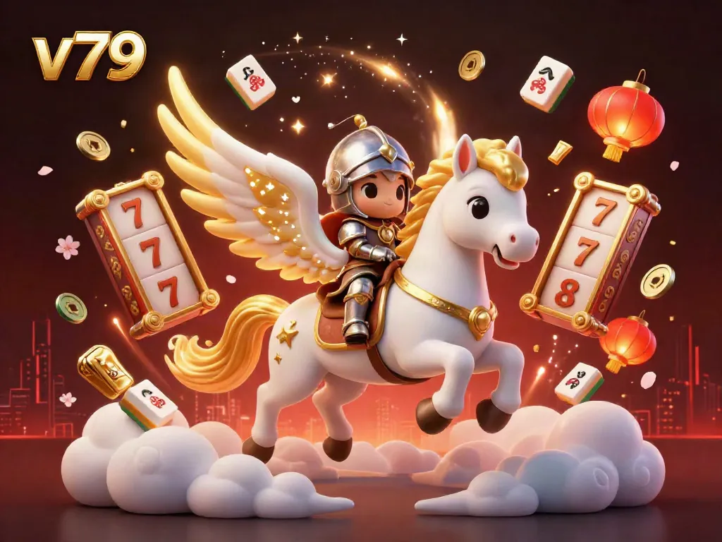 Engage with v79's thrilling slot game action featuring a heroic knight on a celestial horse amidst floating treasures.