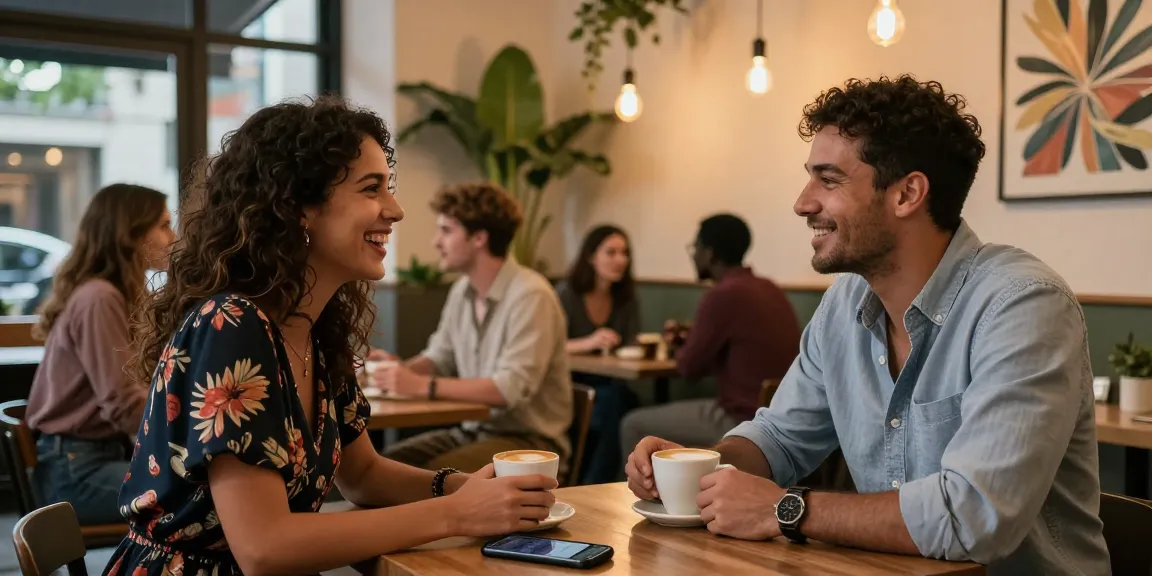 Dating couples enjoying coffee conversation at a cozy café.