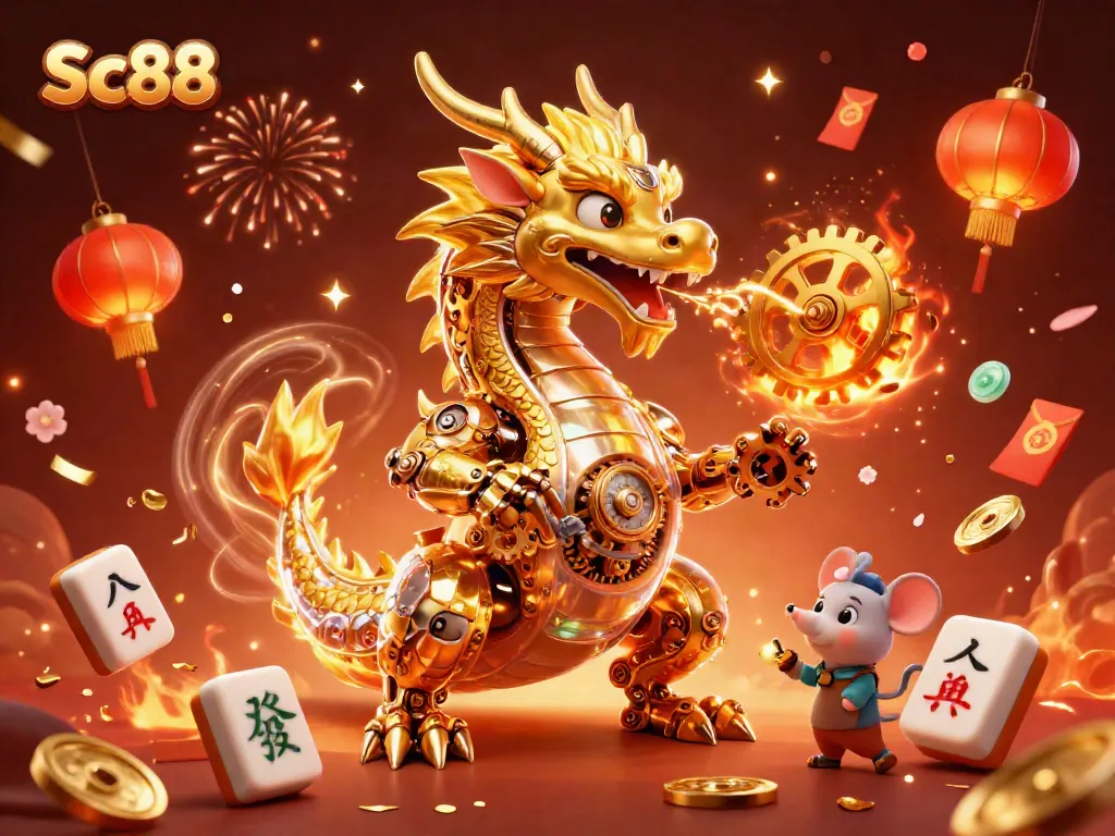 Experience the excitement of Sc88 with a golden dragon and festive symbols in a lively casino scene.