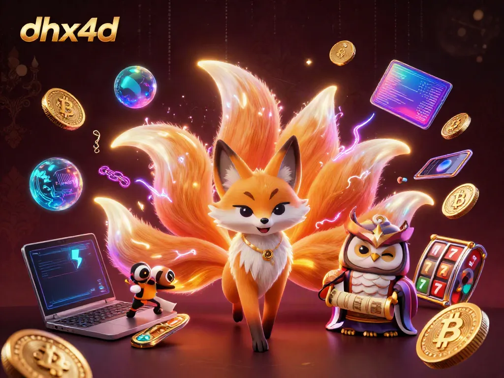 Menghadirkan dhx4d, ilustrasi 3D kartun menampilkan spirit rubah sembilan ekor dan hantu orbs dalam suasana kasino ajaib.