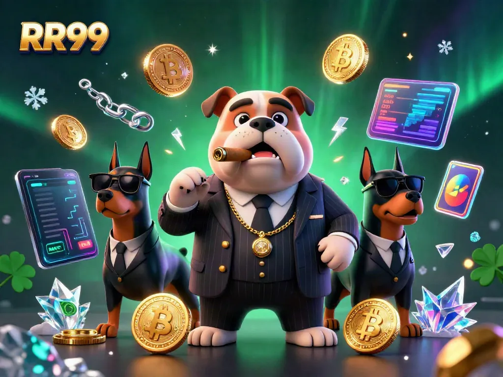 Experience the captivating RR99 casino scene with a mafia bulldog and Doberman bodyguards amidst vibrant gaming elements.