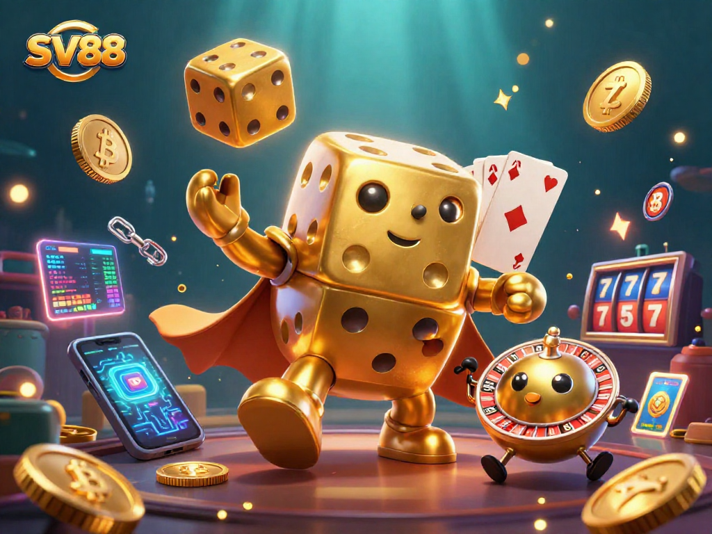 Spin and win with SV88's golden dice golem and crypto elements in a dynamic casino scene.
