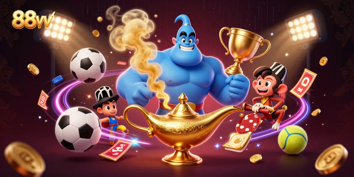 Experience the excitement of 88vv with a vibrant casino scene featuring a genie, poker chips, and sports elements.