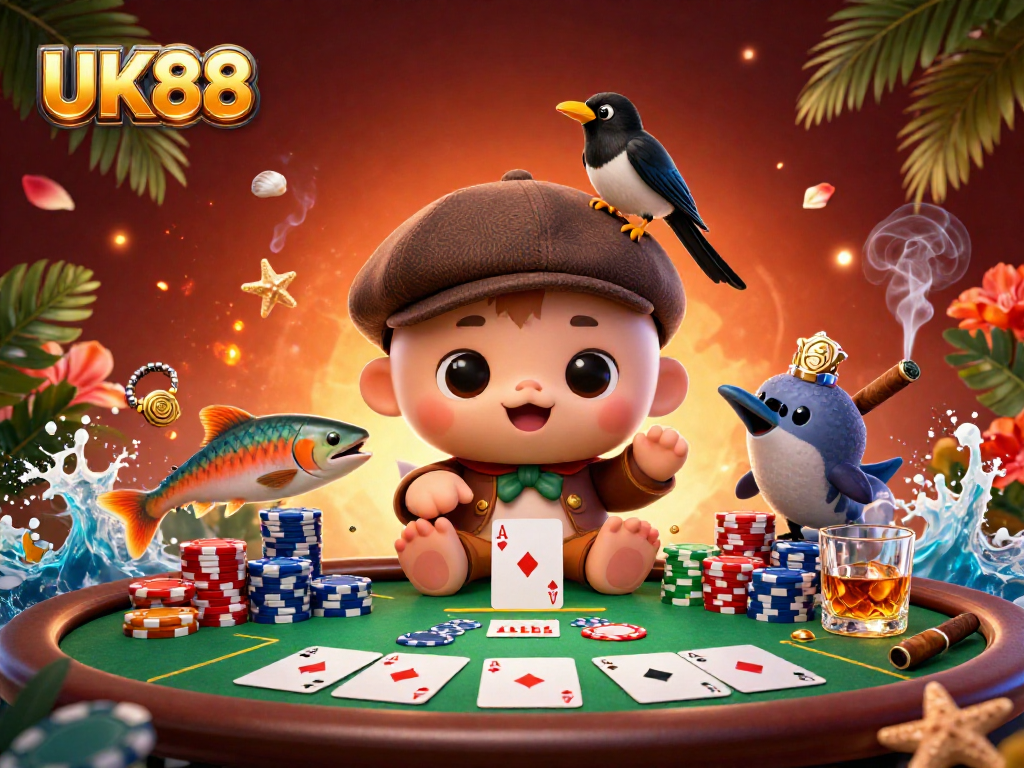 Engage with lively UK88 casino scenes featuring Nessie and playful characters enjoying poker.