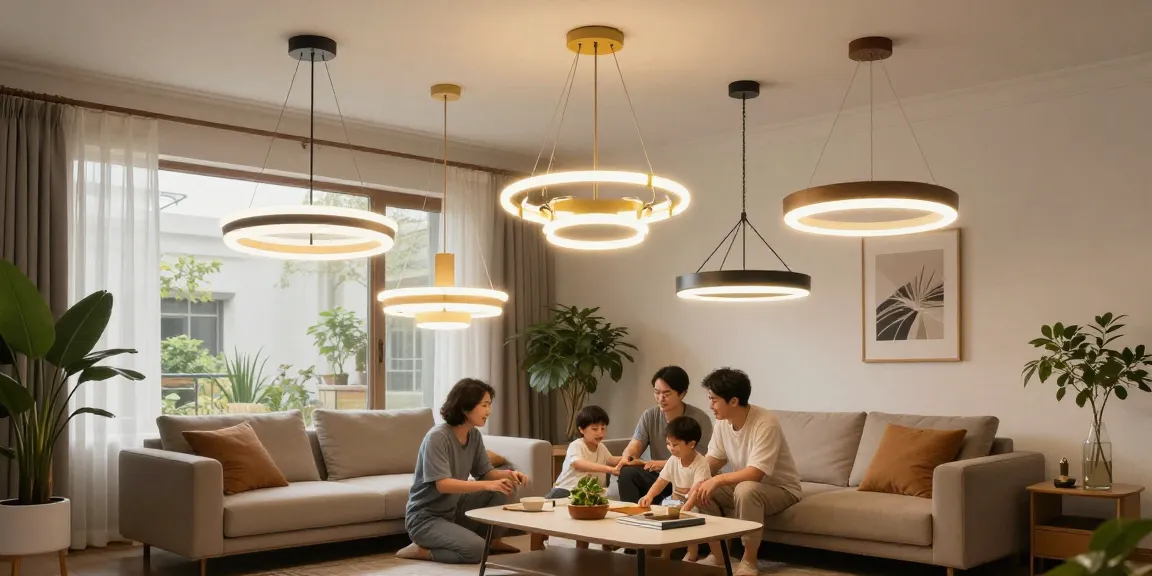 Lustre led moderne ce iluminează un living elegant, creând o atmosferă caldă și primitoare.