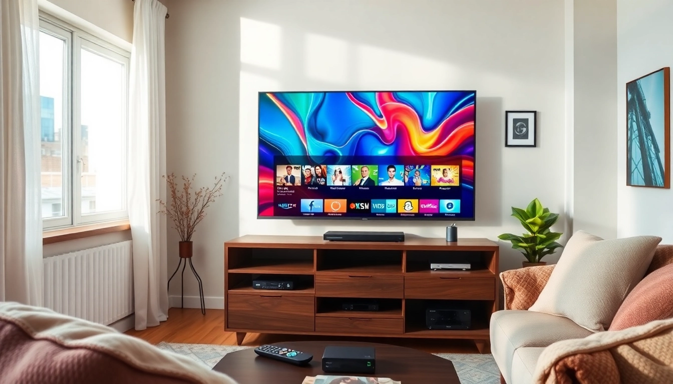 Showcase a modern IPTV provider in US service setup in a cozy living room.