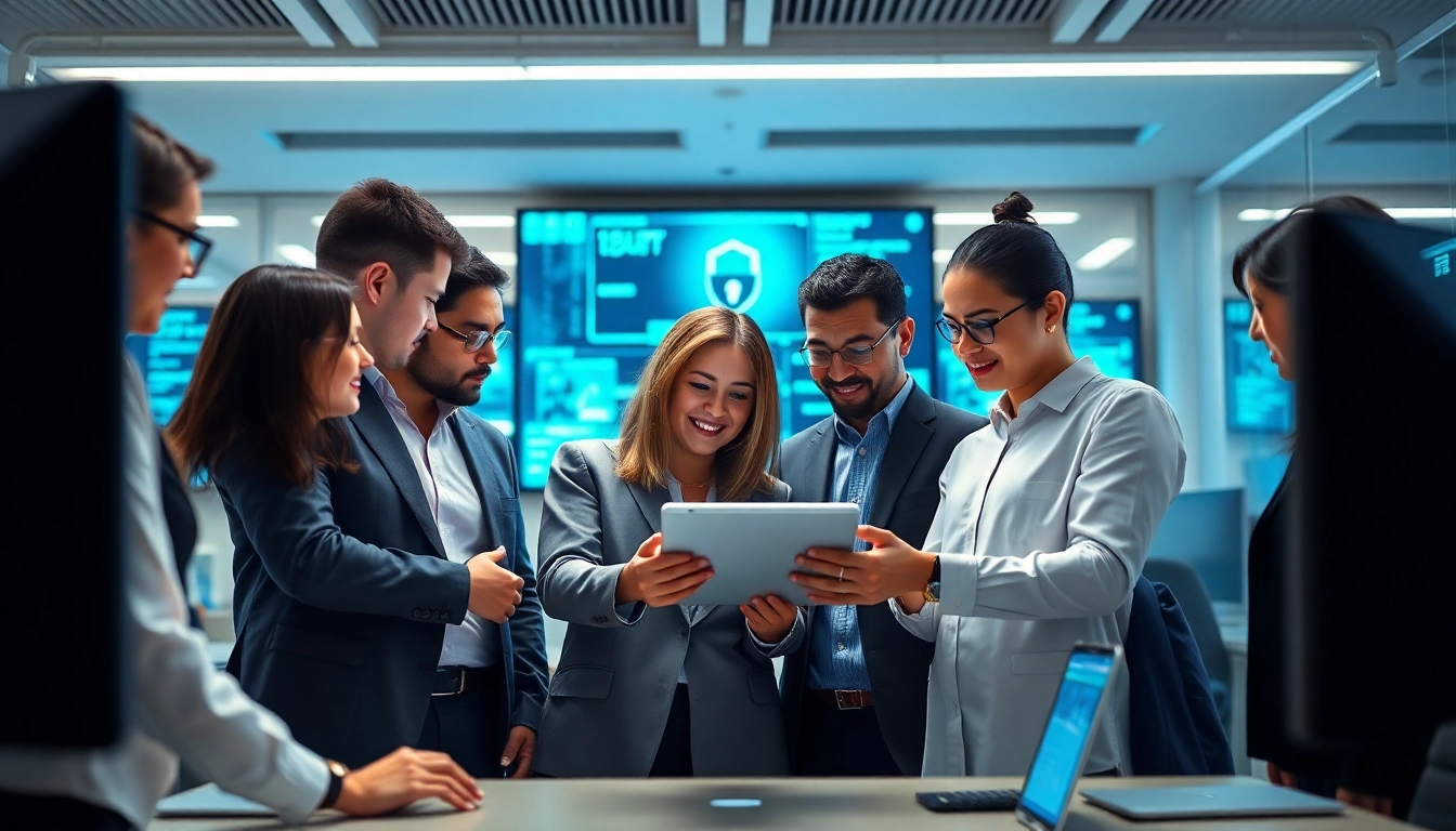 Achieving iasme cyber essentials in a modern cybersecurity office with a diverse team collaborating.