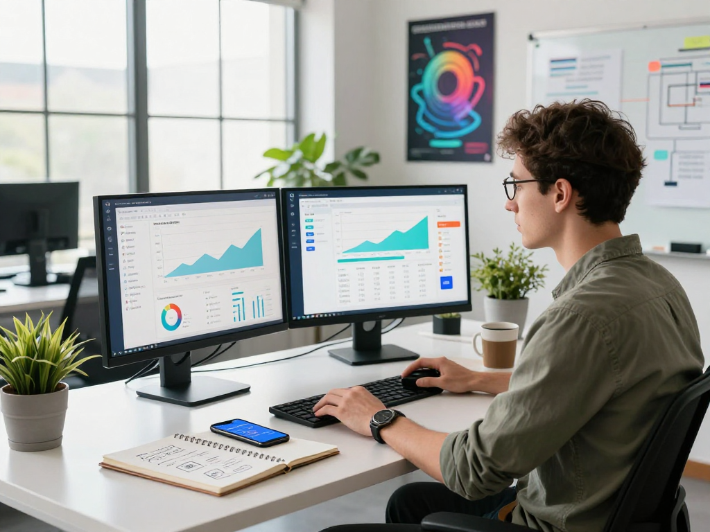Buy android installs in a vibrant workspace with a developer monitoring app downloads on dual screens, inspiring creativity.