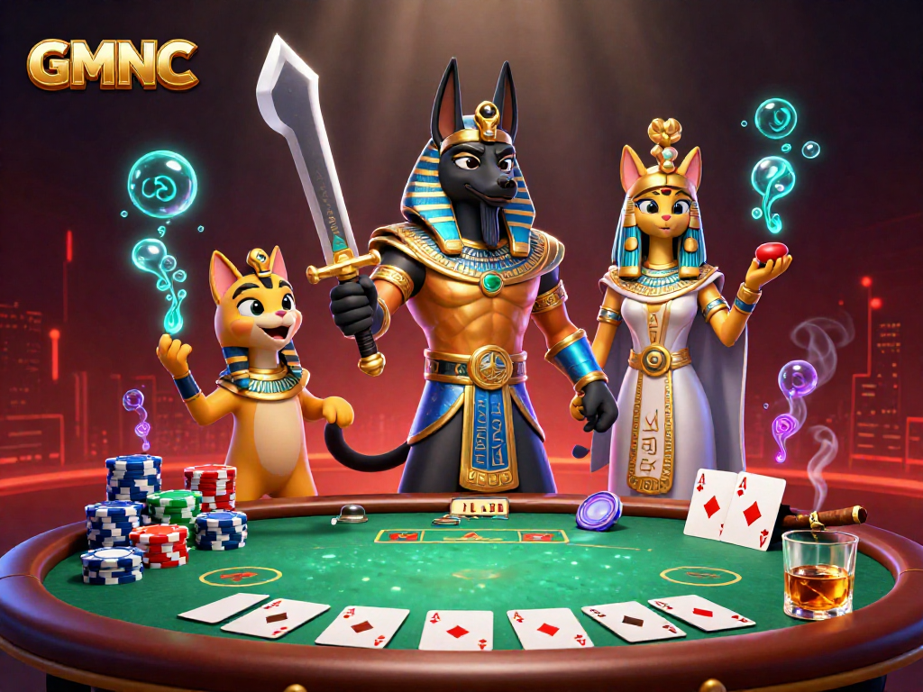 Play poker with GMNC in a vibrant 3D scene featuring Anubis and Bastet.