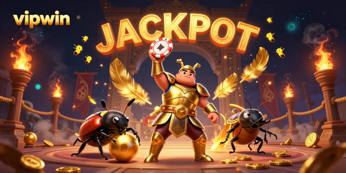 Place bets on vipwin's thrilling games, featuring a beetle champion lifting a poker chip in victory.