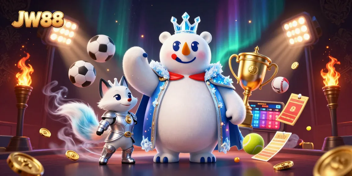 Win big with JW88 in this vibrant, action-filled online betting scene featuring dynamic characters and sports elements.