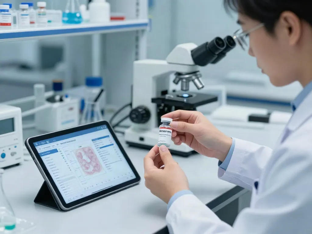 KLOW peptide (BPC-157 blend) being analyzed in a laboratory setting by a scientist, highlighting advanced research.