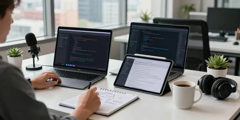 Developer using an AI audio to text converter in a modern office workspace.