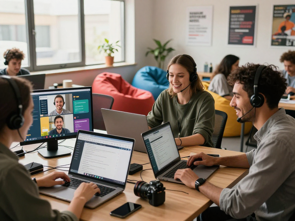 Bola88 customer support team engaging with clients in a vibrant digital service environment