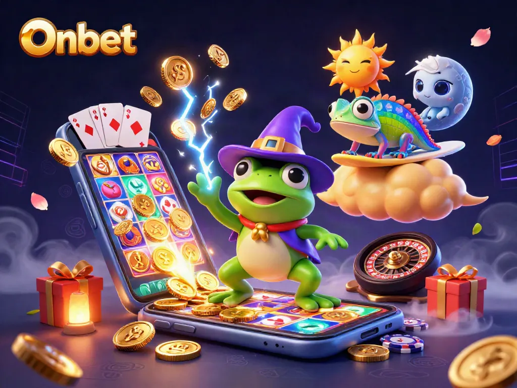 Onbet gameplay featuring a wizard frog and a chameleon amidst golden casino elements.
