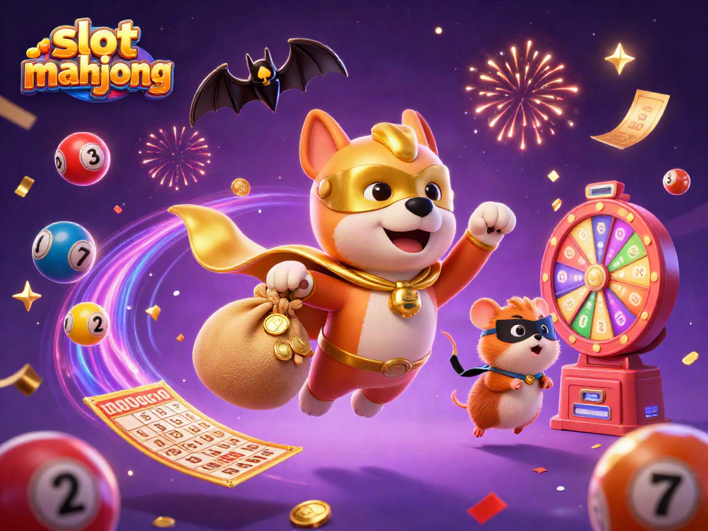 Experience slot mahjong with a superhero dog and vibrant game elements in this dynamic casino illustration.