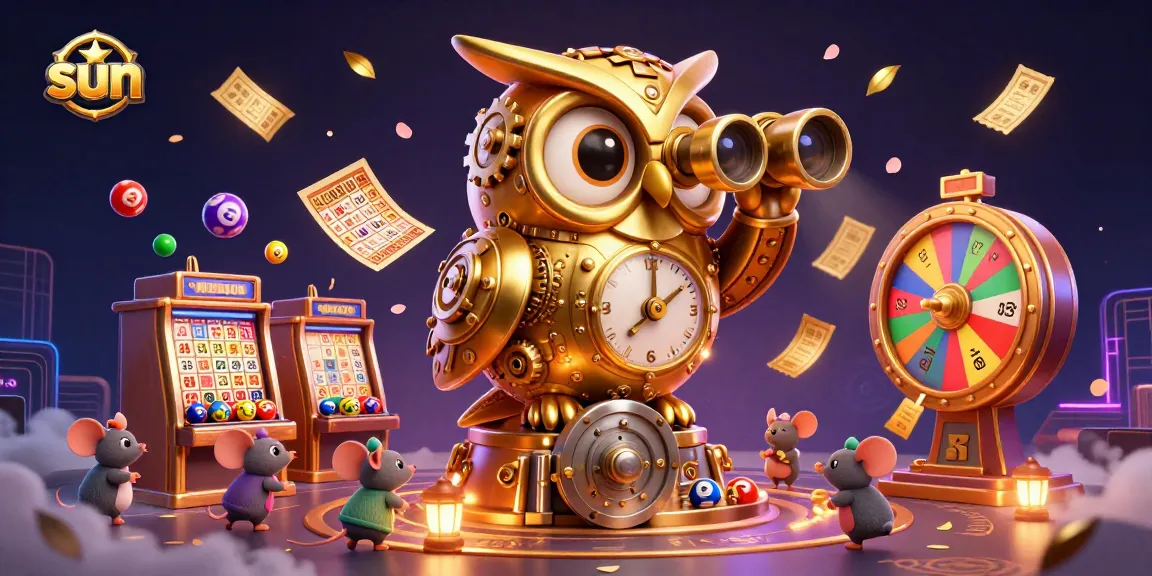 Experience the thrill of sun-themed casino fun with a vibrant gaming scene featuring an owl, lottery balls, and more.