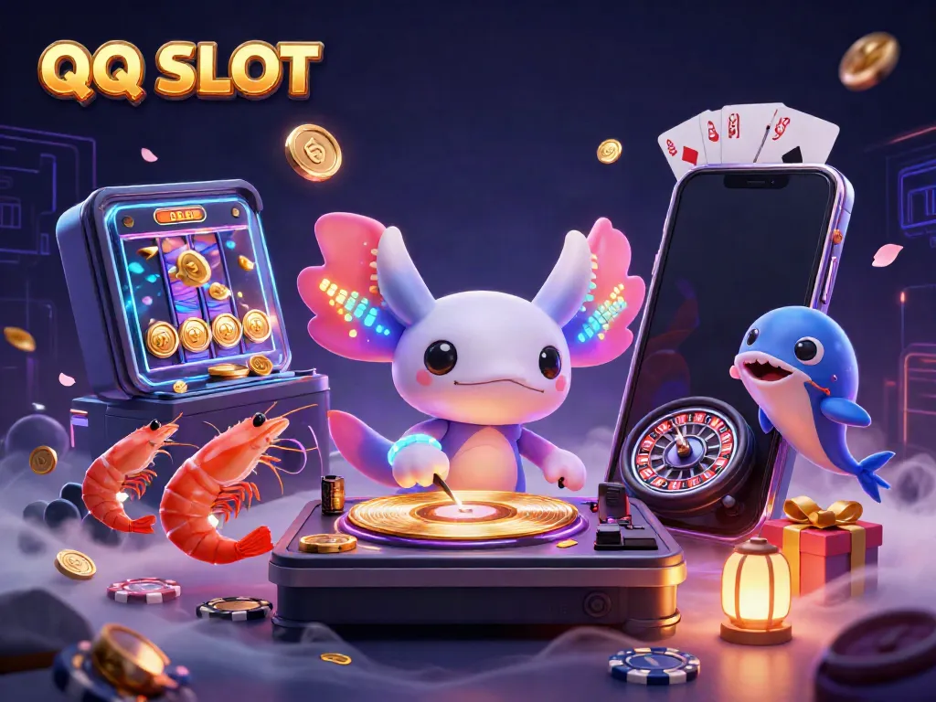 Experience QQ SLOT adventure with a vibrant axolotl DJ and animated sea creatures spinning exciting slot games.