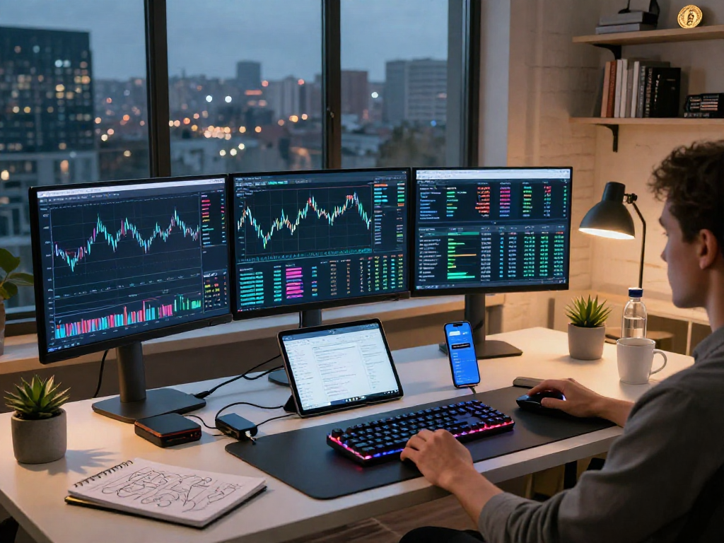 MetaTrader 5 官网，专业交易员在现代化的交易工作环境中分析加密货币图表，使用数字钱包和DeFi平台工具。