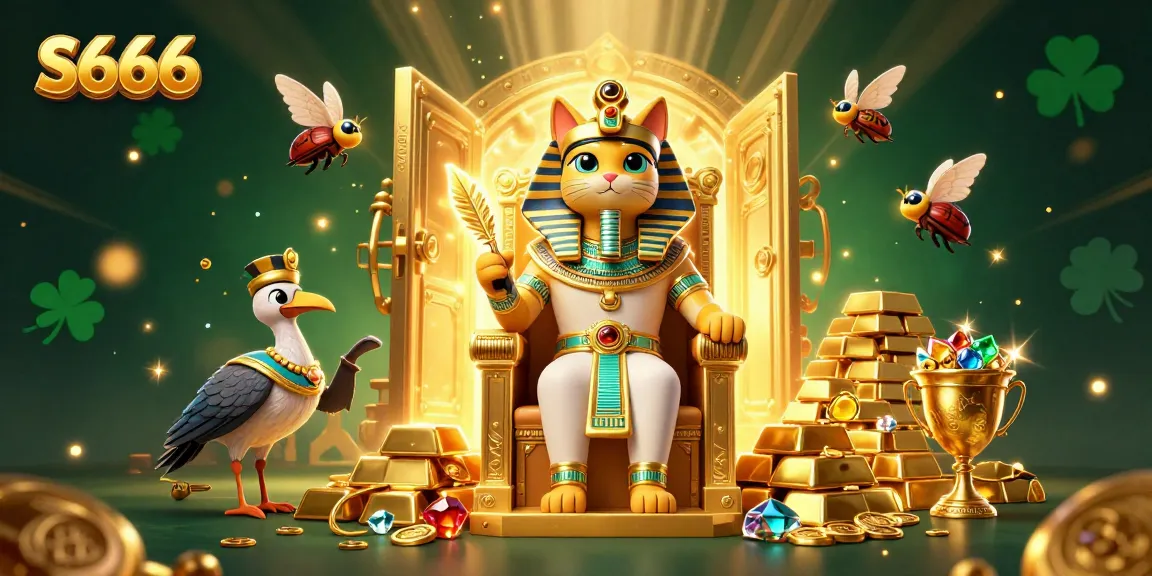 S666 captivates players with its immersive casino atmosphere featuring a golden pharaoh cat and treasures.