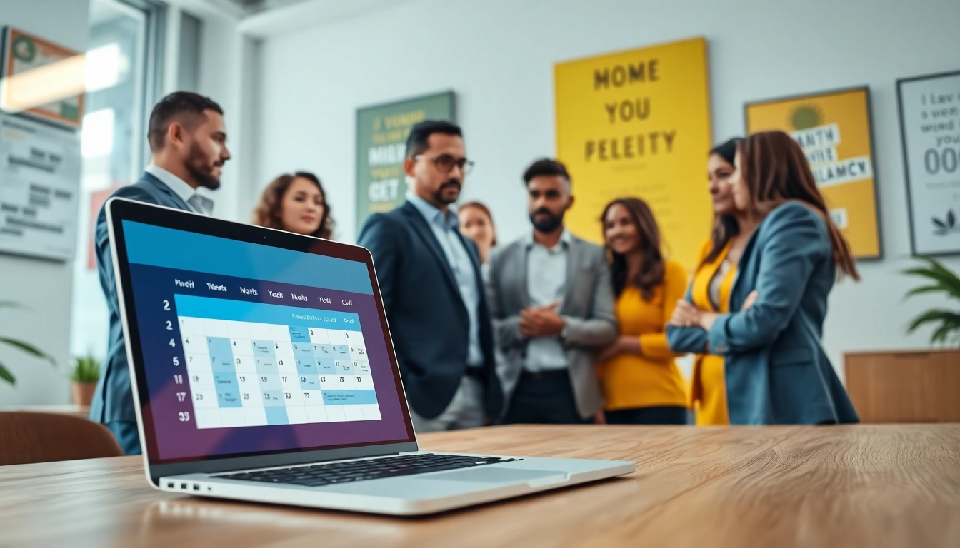 Illustration of automate calendar management showcasing a collaborative office environment with professionals.