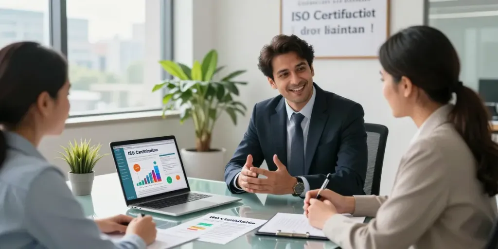 ISO Certification in Pakistan consultation scene displaying documents and professional interaction.