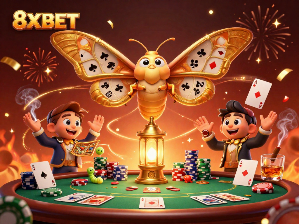 Engage in thrilling gaming with 8XBET's vibrant casino scene featuring a majestic atlas moth and poker elements.
