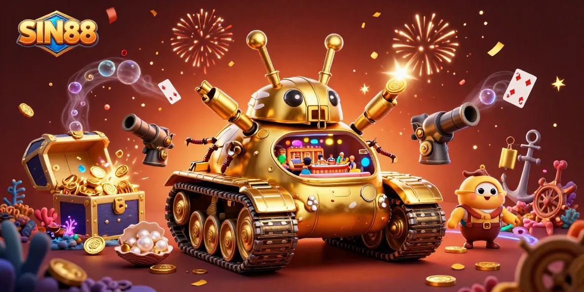 SIN88 engages players with a vibrant casino tank scene bursting with confetti and treasures.
