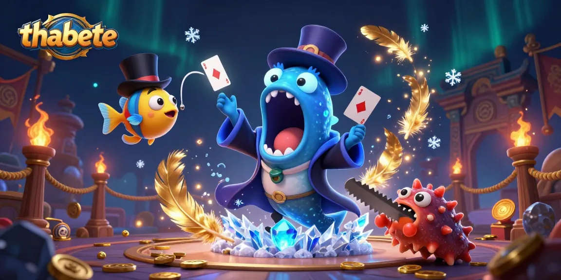 Experience thabete's vibrant online casino magic with animated characters performing thrilling card tricks.