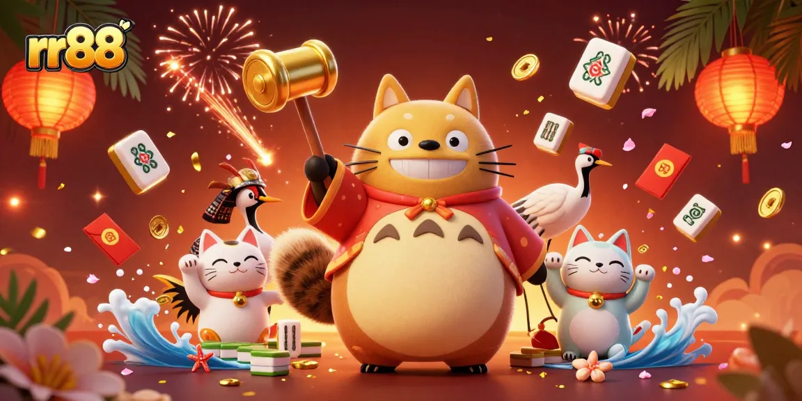 Win big at rr88 with vibrant characters and exciting game elements in a dynamic casino scene.