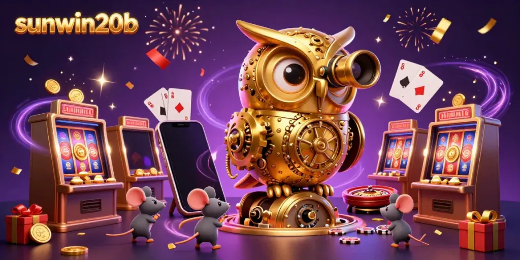 Experience the excitement at sunwin20b with a whimsical owl overseeing vibrant casino activities.
