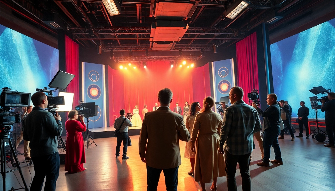 Showtime in the spotlight with dynamic film set full of energy și actori în costume.