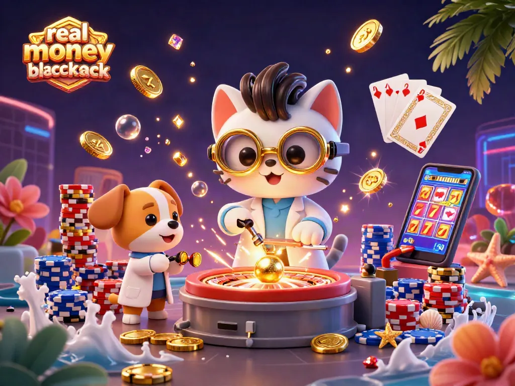 Engage in real money online blackjack action with a lively 3D casino scene featuring dynamic characters and vibrant elements.