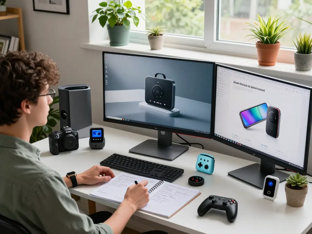 Person exploring innovative tech gadgets in a vibrant workspace with multiple Bluetooth devices.