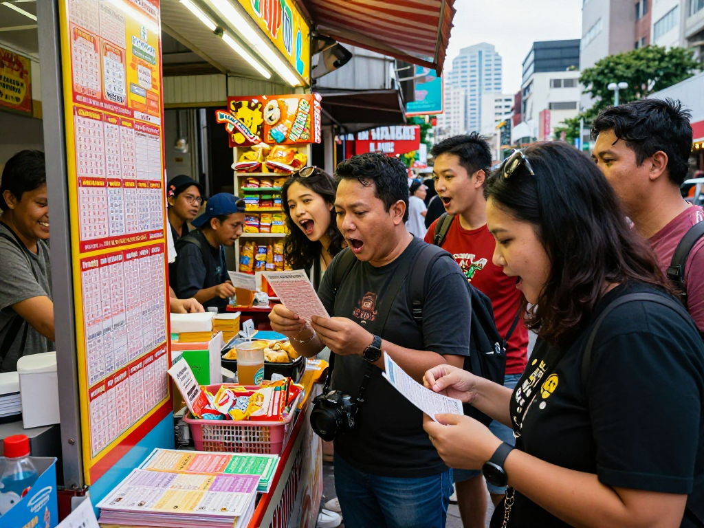 Suasana ramai di kios lotere delapan toto dengan pemain antusias memeriksa tiket dan menyaksikan pengumuman.