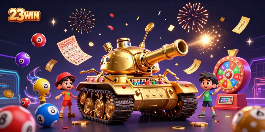Experience vibrant gaming excitement with 23WIN's dynamic casino-themed 3D illustration full of action.