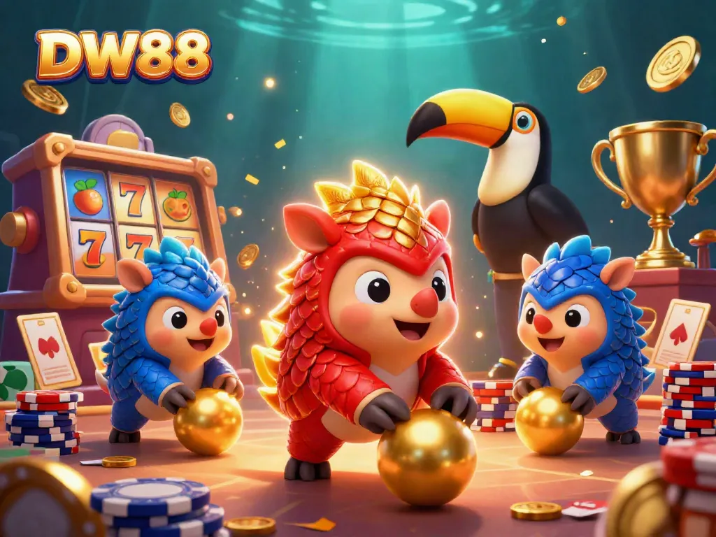 Experience thrilling gameplay at DW88 with colorful cartoon pangolins and dynamic casino elements.