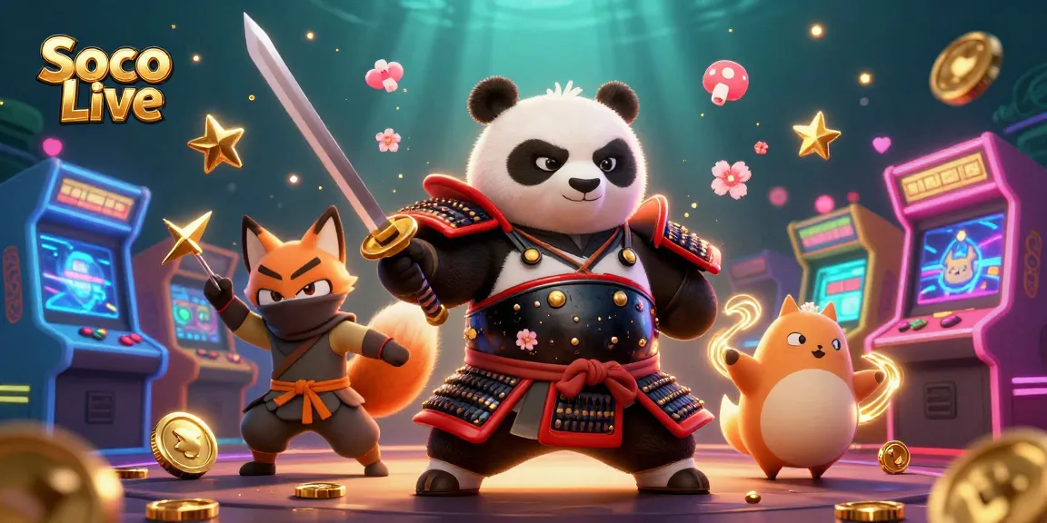 Soco Live immerses players in vibrant gambling action through a dynamic 3D scene filled with casino-themed characters and elements.