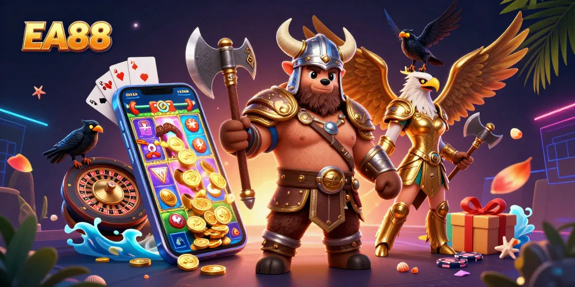 EA88 showcases vibrant 3D cartoon characters immersed in an engaging casino scene with slots and poker.