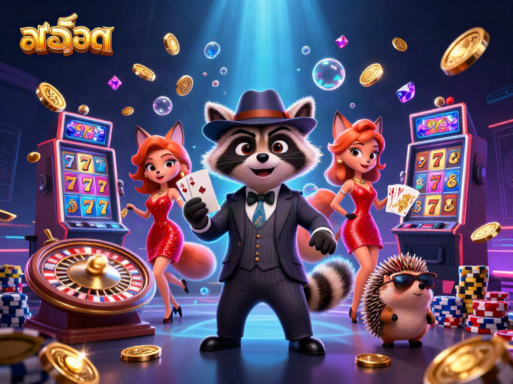 Spin the reels for สล็อต as raccoon and fox celebrate winning hands among vibrant casino elements.