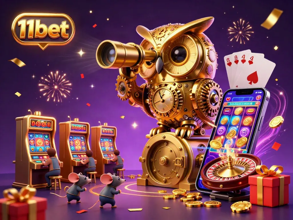 Experience the thrill of 11bet with dynamic casino elements in an energetic 3D illustration showcasing games and characters.