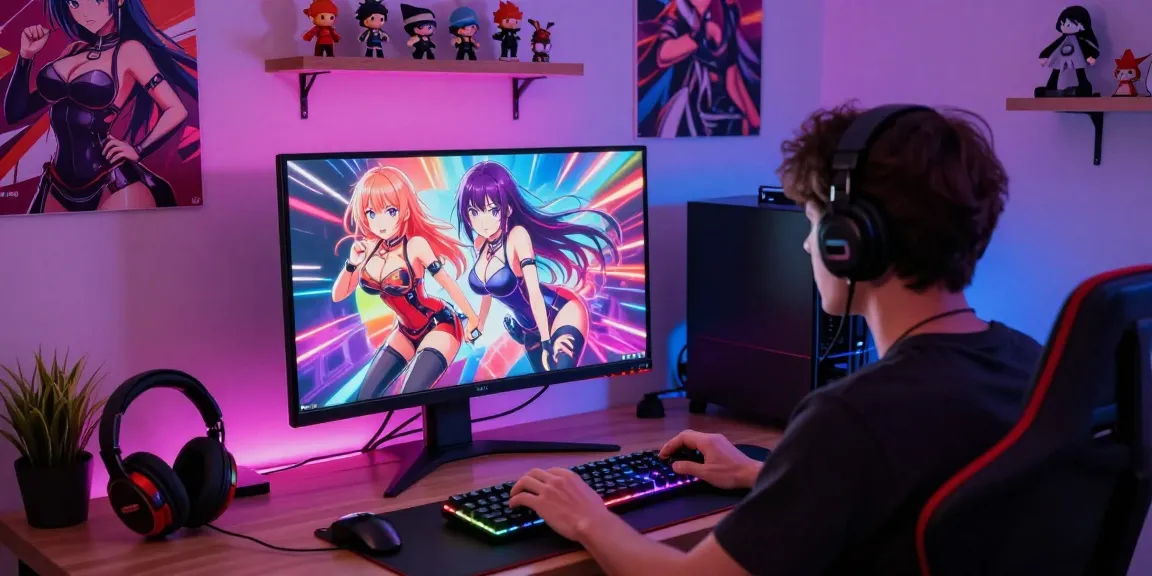 Player enjoying an ecchi simulator game in a cozy gaming setup with vibrant RGB lighting.