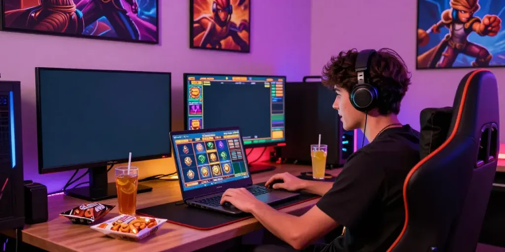 Player enjoying PG SLOT games on a high-end gaming laptop with colorful LED lights.
